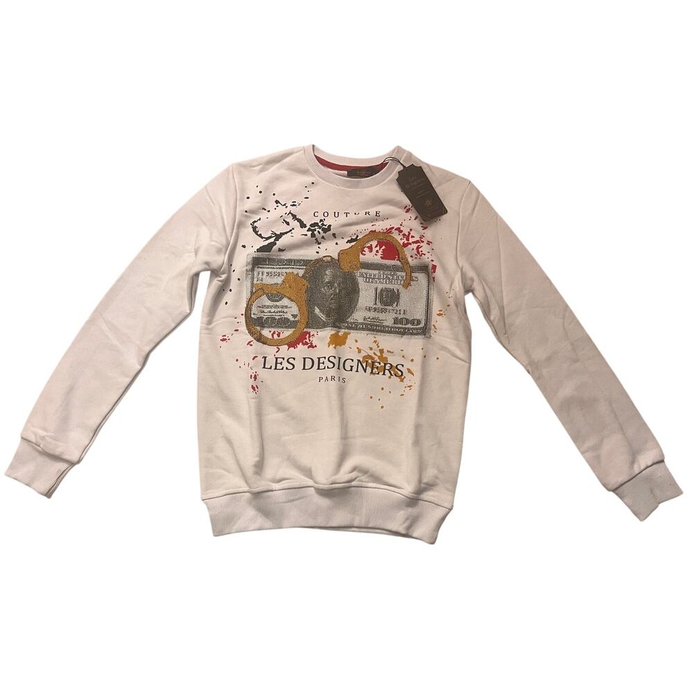 Les D.Signers Couture White Crewneck Sweatshirt Rhinestones Size: S - Excellent